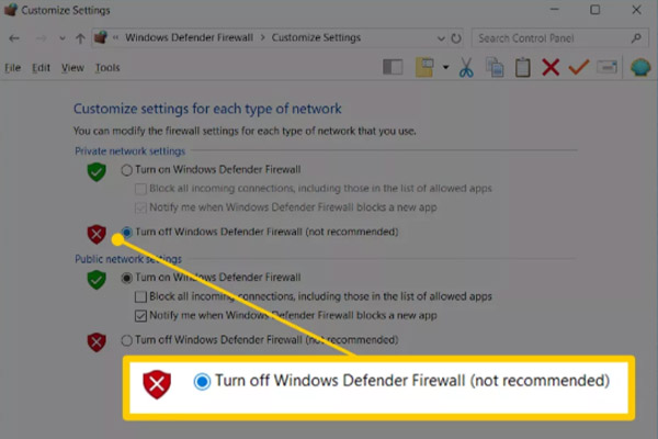 Chọn Turn off Windows Firewall (not recommended) để tắt tường lửa