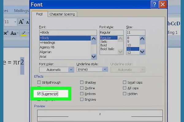 Cách đánh số mũ trong Word bằng cách sử dụng Font Dialog